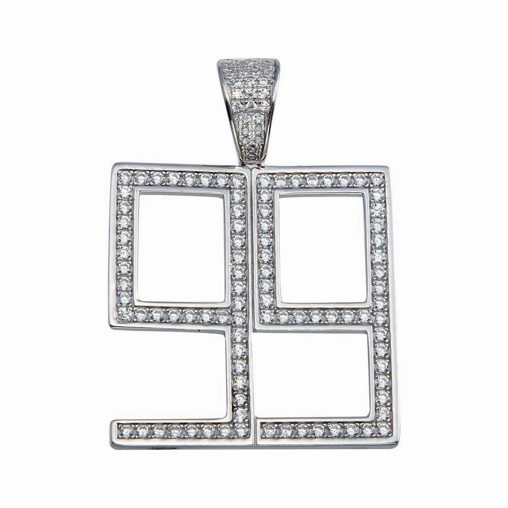 Rhodium Plated 925 Sterling Silver Number 99 Hip Hop Pendant - SLP00070