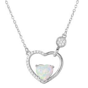 Rhodium Plated 925 Sterling Silver Opal Heart inside Open Heart with CZ - BGP01199