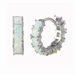 Rhodium Plated 925 Sterling Silver Opal huggie hoop Earrings 16mm - BGE00633