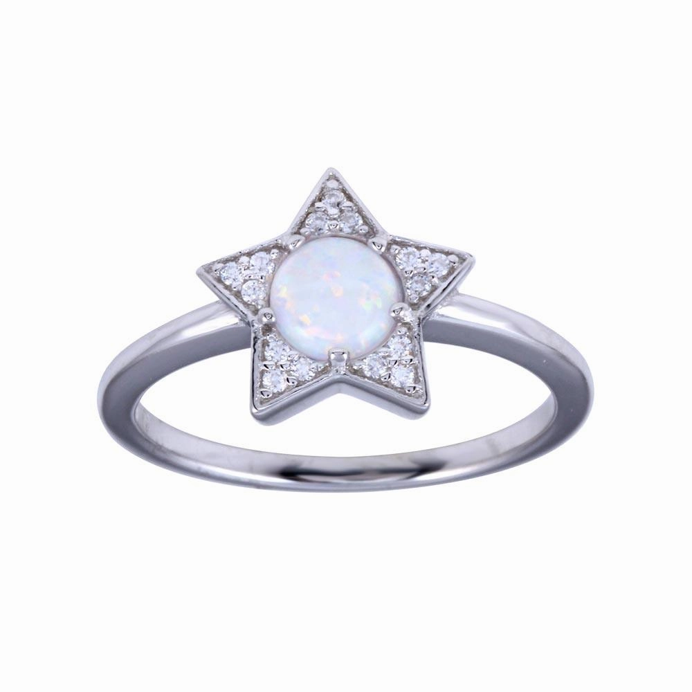 Rhodium Plated 925 Sterling Silver Opal Stone Star With CZ Ring - BGR01316
