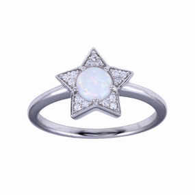 Rhodium Plated 925 Sterling Silver Opal Stone Star With CZ Ring - BGR01316