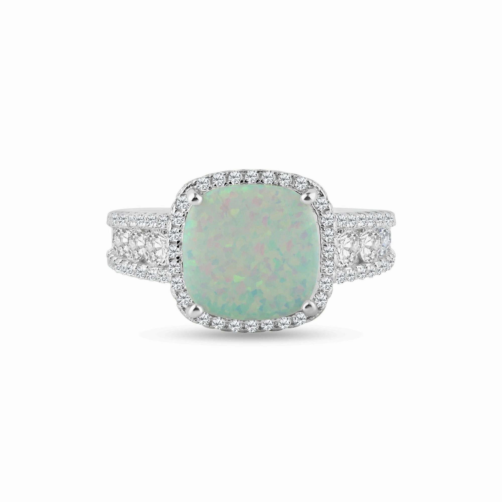 Rhodium Plated 925 Sterling Silver Opal Stone With CZ Ring - BGR01314