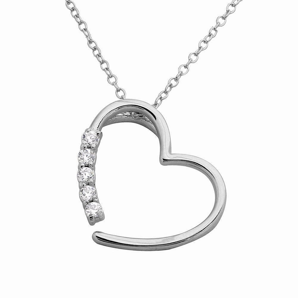 Rhodium Plated 925 Sterling Silver Open CZ Heart Necklace - BGP01128