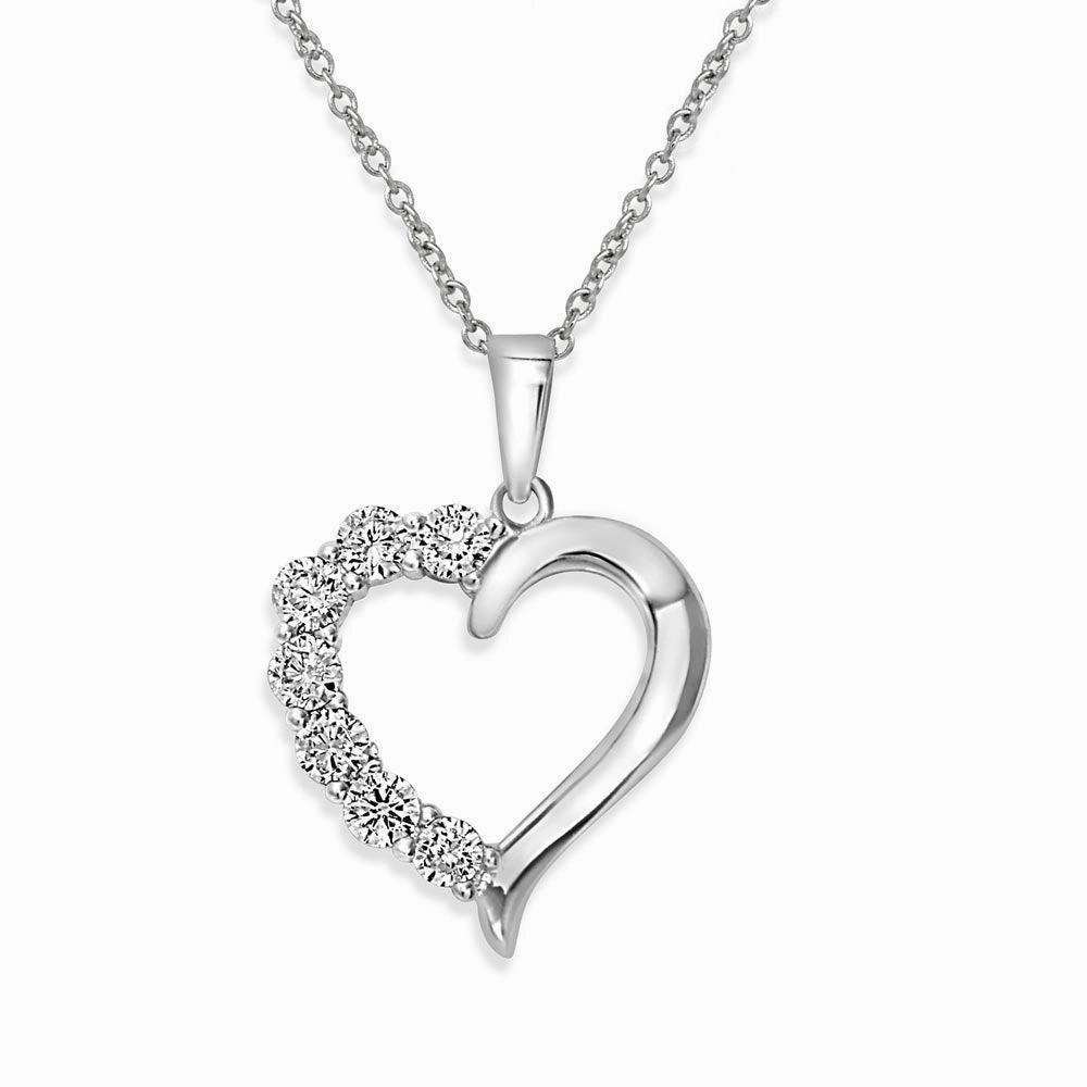 Rhodium Plated 925 Sterling Silver Open CZ Heart Necklace - STP01584
