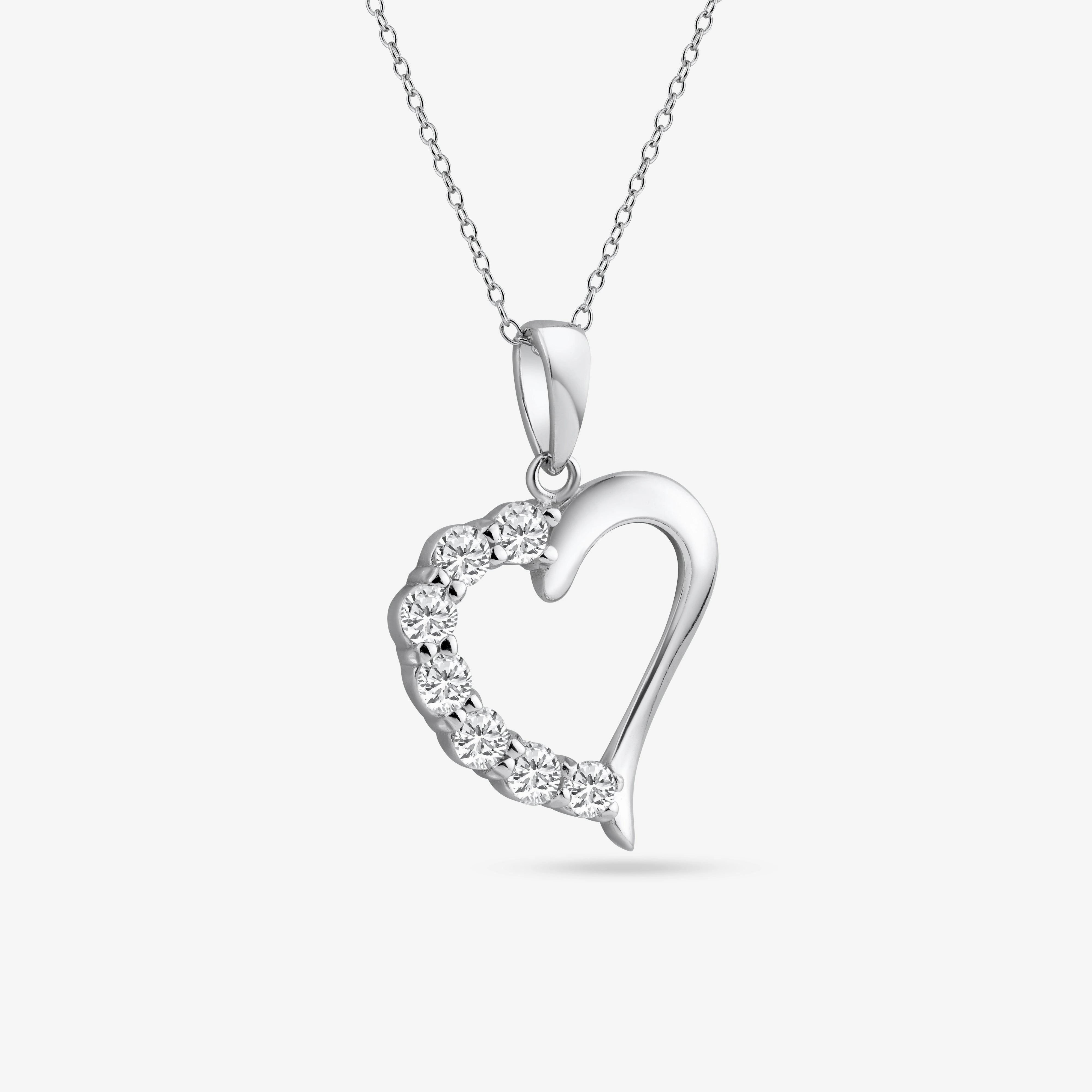 Rhodium Plated 925 Sterling Silver Open CZ Heart Necklace - STP01584