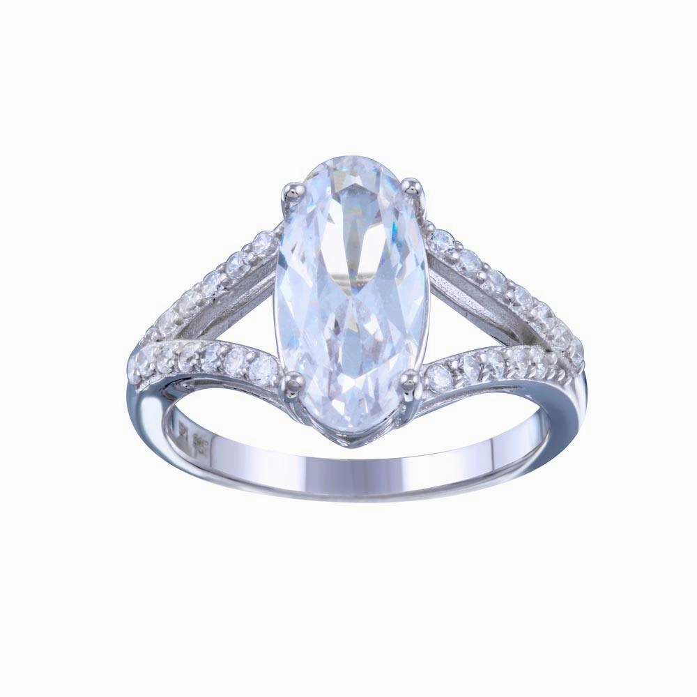 Rhodium Plated 925 Sterling Silver Open Shank Oval Center CZ Bridal Ring - STR01142