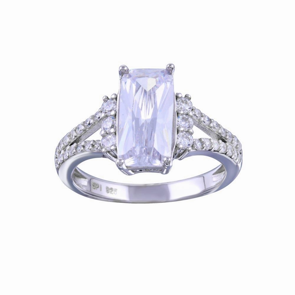 Rhodium Plated 925 Sterling Silver Open Shank Wide Rectangle Center CZ Bridal Ring - STR01141