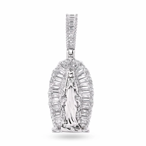 Rhodium Plated 925 Sterling Silver Our Lady Of Guadalupe Baguette Clear CZ 35mm Pendant - SLP00384