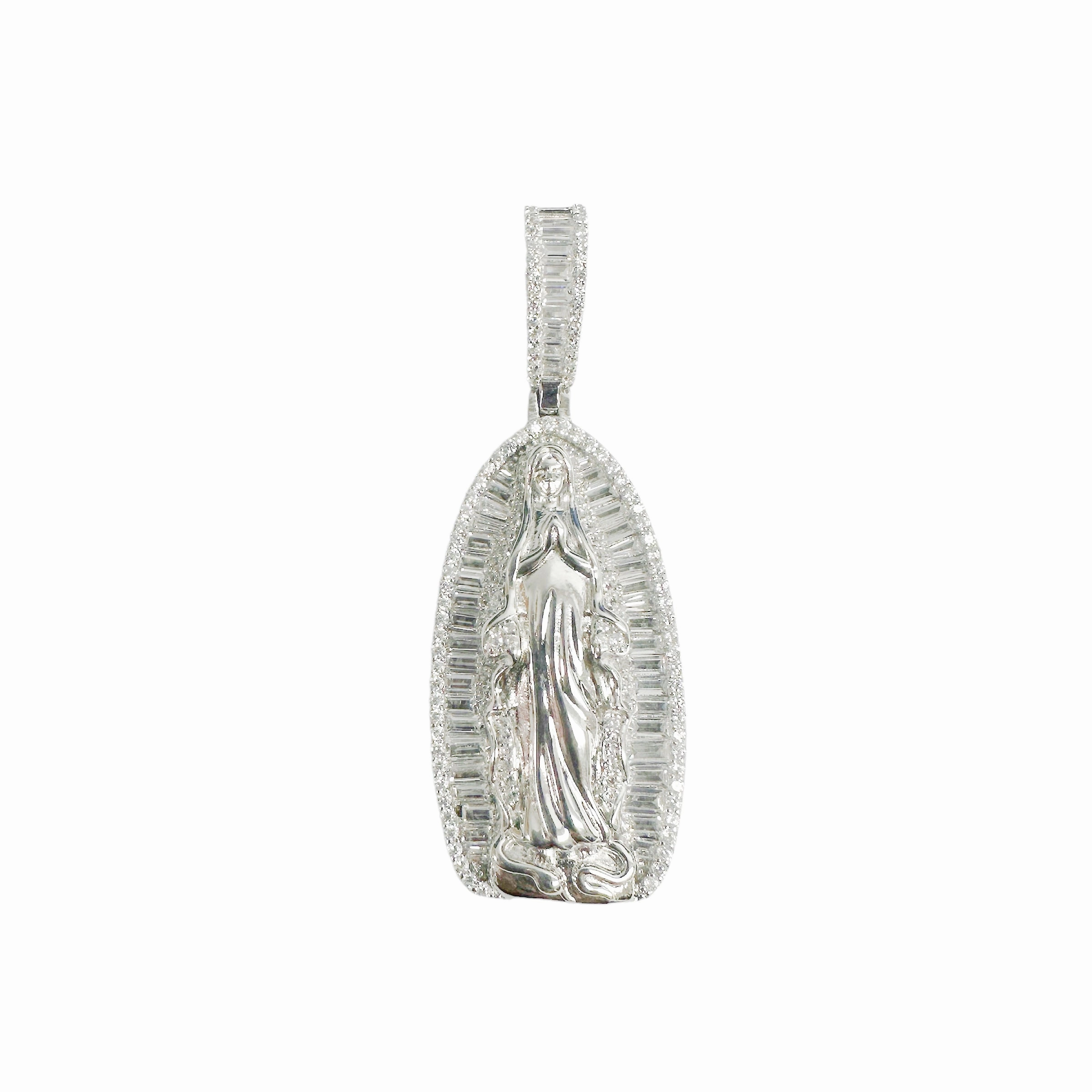 Rhodium Plated 925 Sterling Silver Our Lady Of Guadalupe Baguette Clear CZ 40mm Pendant - SLP00385