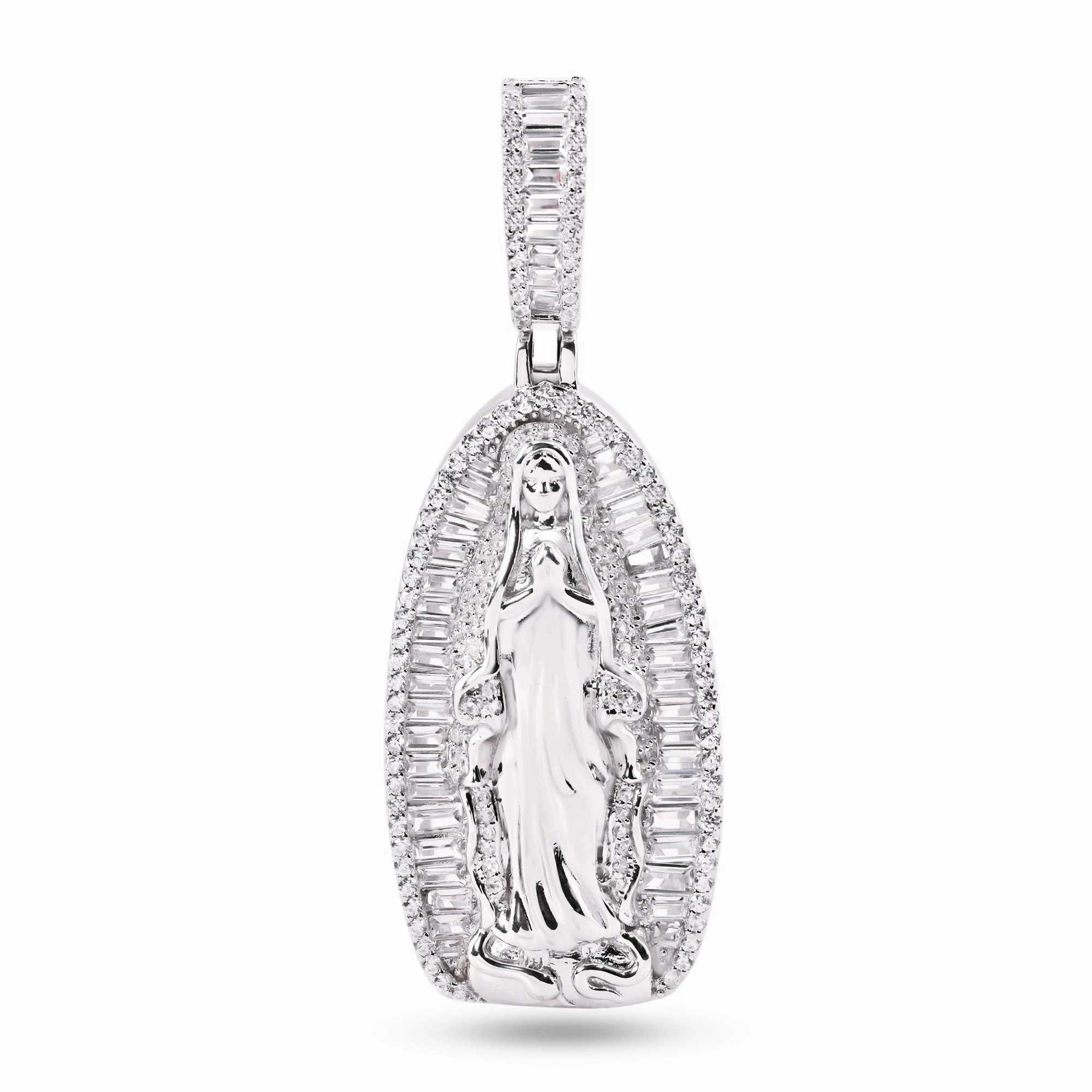 Rhodium Plated 925 Sterling Silver Our Lady Of Guadalupe Baguette Clear CZ 40mm Pendant - SLP00385