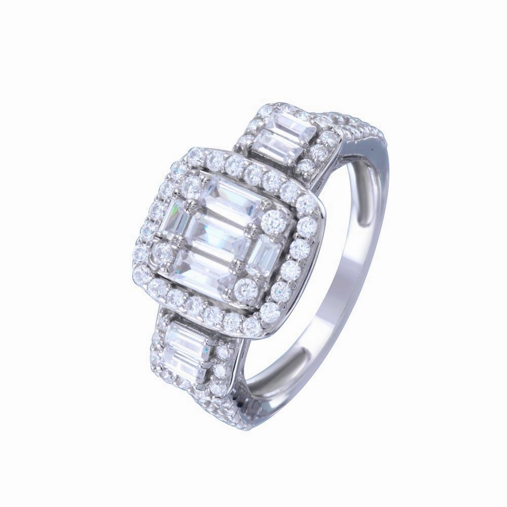 Rhodium Plated 925 Sterling Silver Past Present Future Baguette CZ Bridal Ring - STR01145