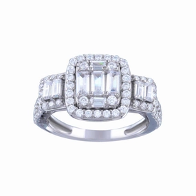 Rhodium Plated 925 Sterling Silver Past Present Future Baguette CZ Bridal Ring - STR01145