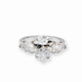 Rhodium Plated 925 Sterling Silver Past Present Future Pear Shaped CZ Ring - STR00034