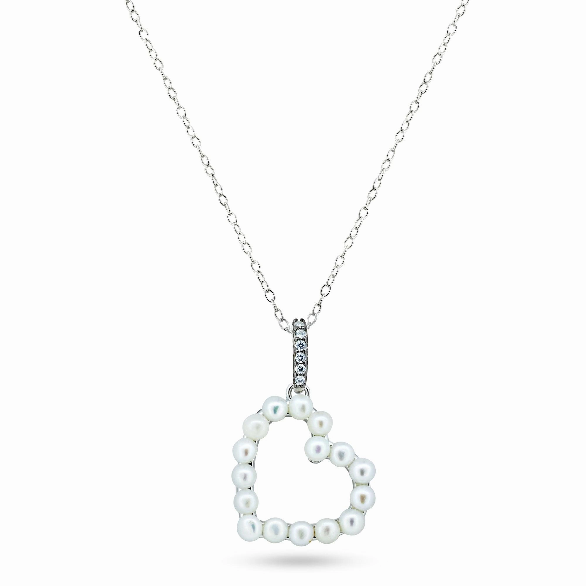 Rhodium Plated 925 Sterling Silver Pearl Heart Necklace - BGP01466