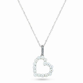 Rhodium Plated 925 Sterling Silver Pearl Heart Necklace - BGP01466