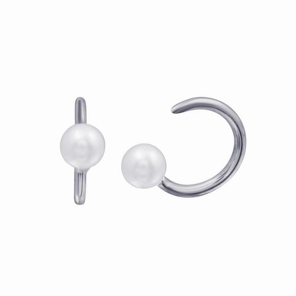 Rhodium Plated 925 Sterling Silver Pearl Semi-Hoop CZ Earring - STE01316RH