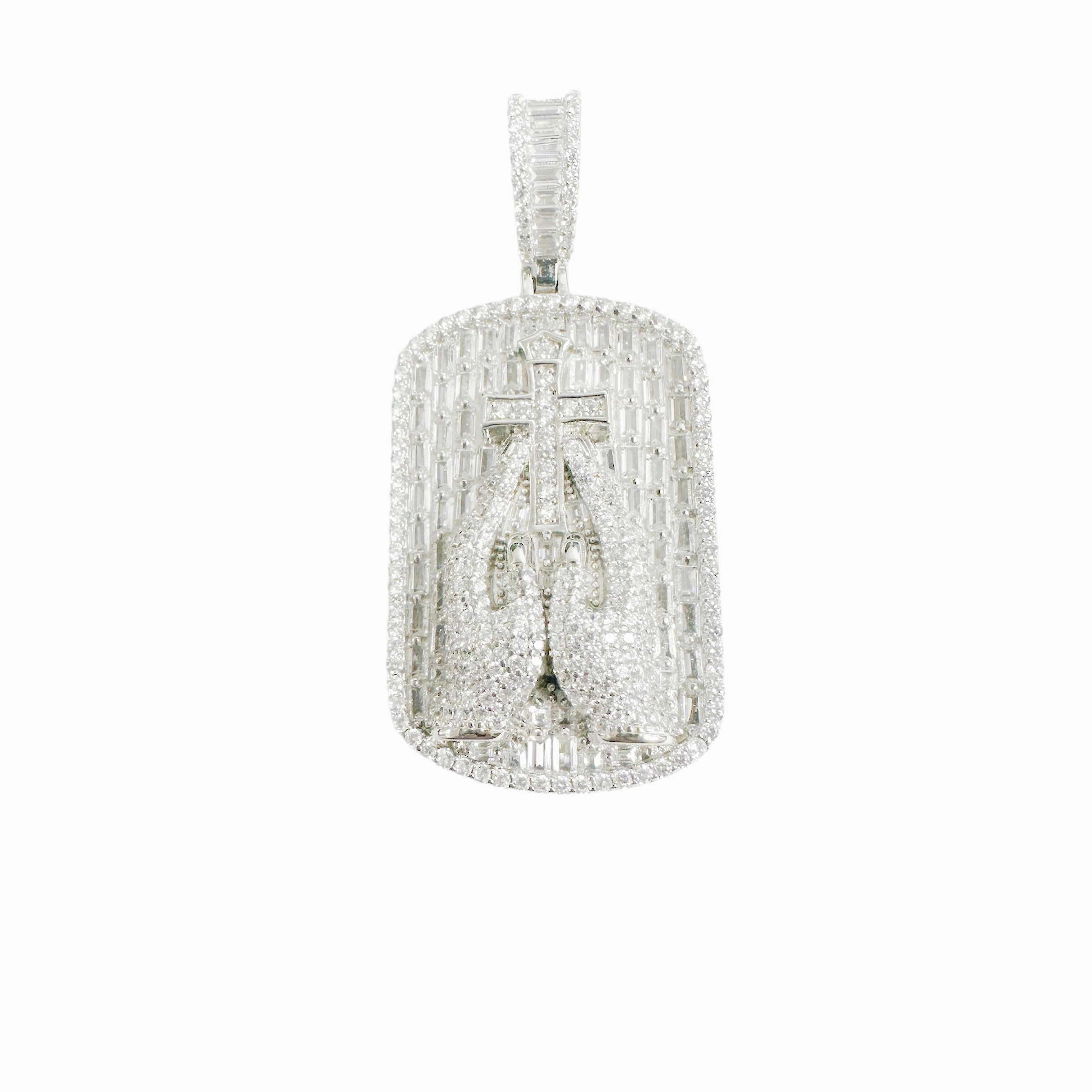 Rhodium Plated 925 Sterling Silver Praying Hands Cross Clear CZ Pendant - SLP00371