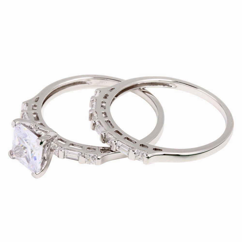 Rhodium Plated 925 Sterling Silver Princess Cut Engagement Ring - GMR00265