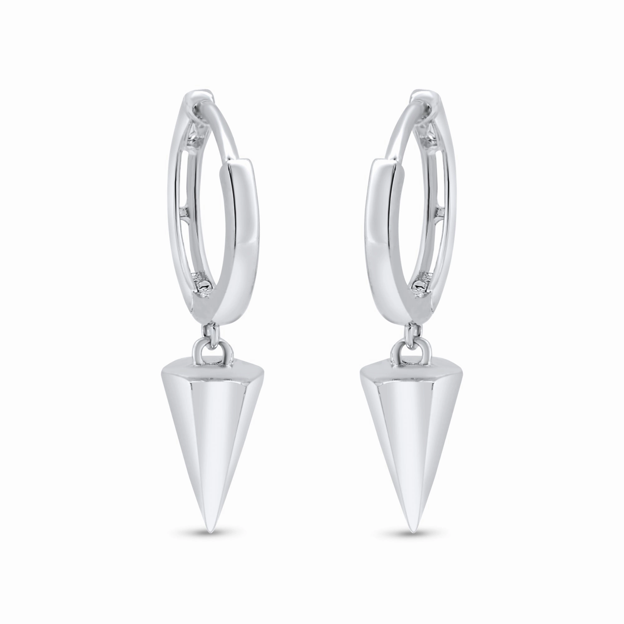 Rhodium Plated 925 Sterling Silver Punk Spikes 11mm Hoop Huggie Earrings - GME00145