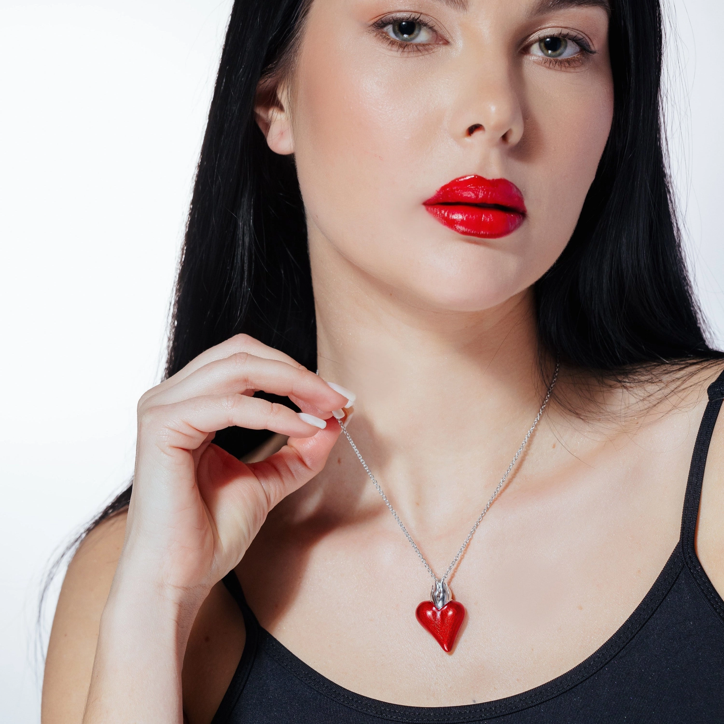 Rhodium Plated 925 Sterling Silver Red Enamel Heart Necklace - STP00845