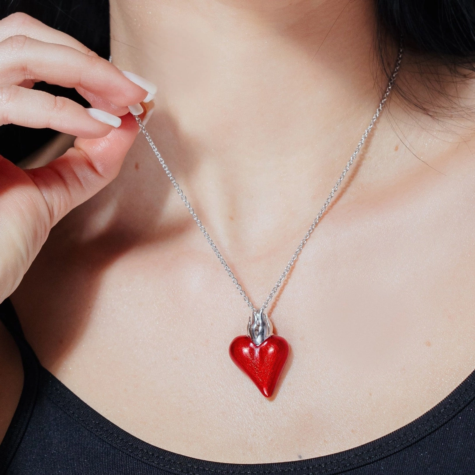 Rhodium Plated 925 Sterling Silver Red Enamel Heart Necklace - STP00845