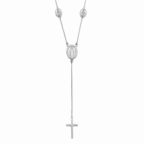 Rhodium Plated 925 Sterling Silver Religious Charms Necklace with Cross Drop - DIN00066RH