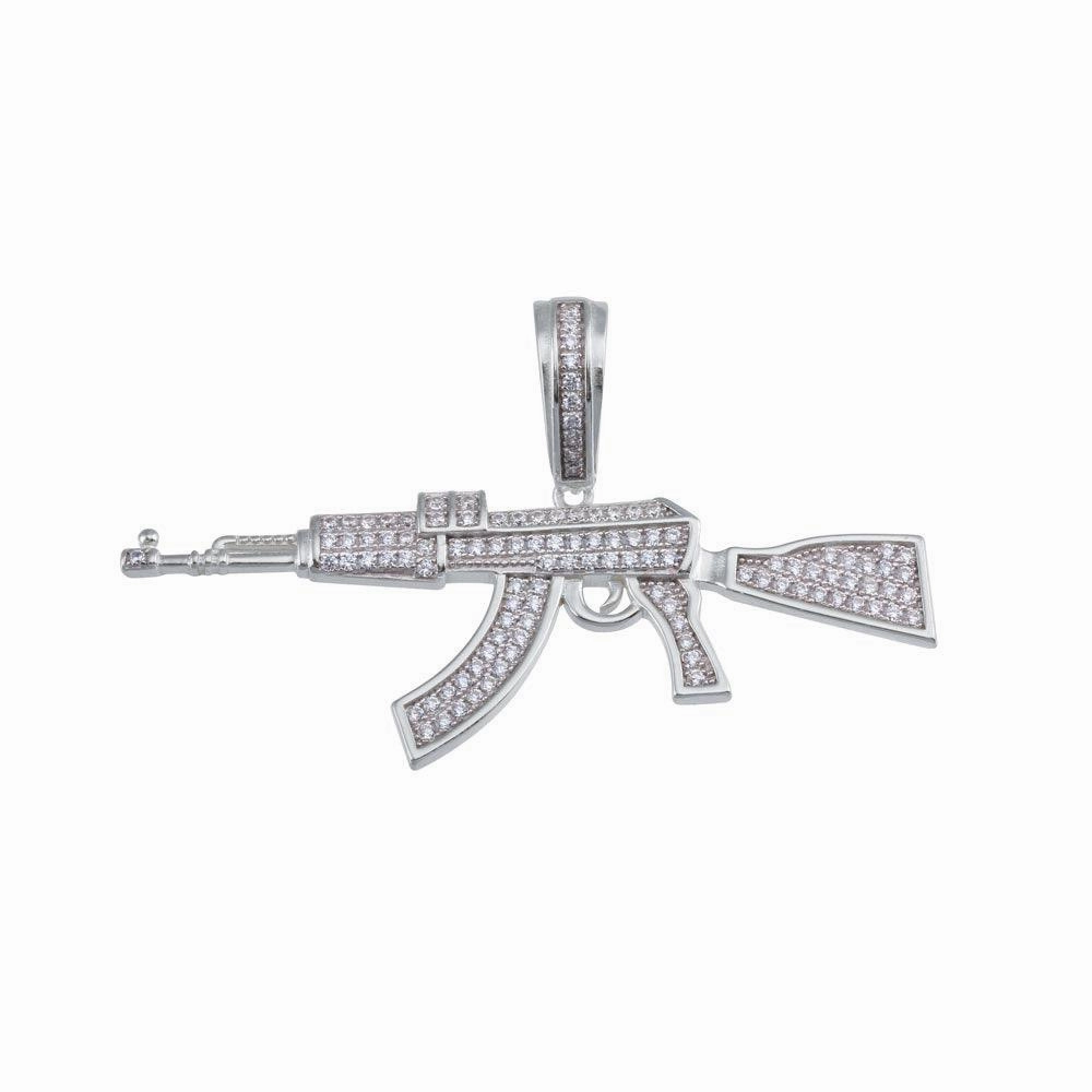 Rhodium Plated 925 Sterling Silver Riffle CZ Hip Hop Pendant - SLP00199RH