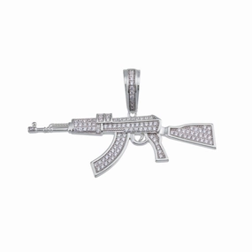 Rhodium Plated 925 Sterling Silver Riffle CZ Hip Hop Pendant - SLP00199RH