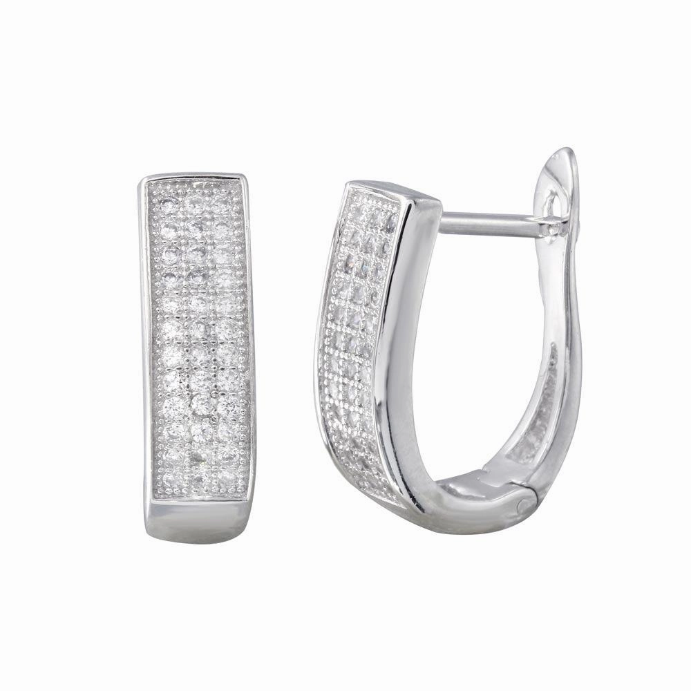 Rhodium Plated 925 Sterling Silver Round CZ Oval Inlay Hoop Earrings - BGE00617