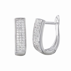 Rhodium Plated 925 Sterling Silver Round CZ Oval Inlay Hoop Earrings - BGE00617