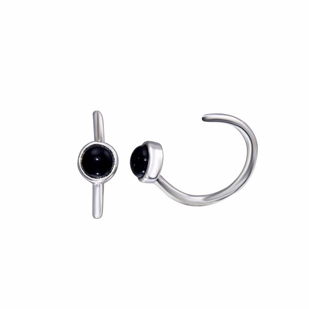 Rhodium Plated 925 Sterling Silver Round Onyx Semi-Hoop Earring - STE01317