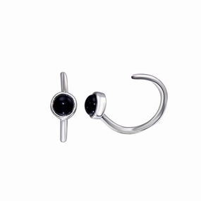 Rhodium Plated 925 Sterling Silver Round Onyx Semi-Hoop Earring - STE01317