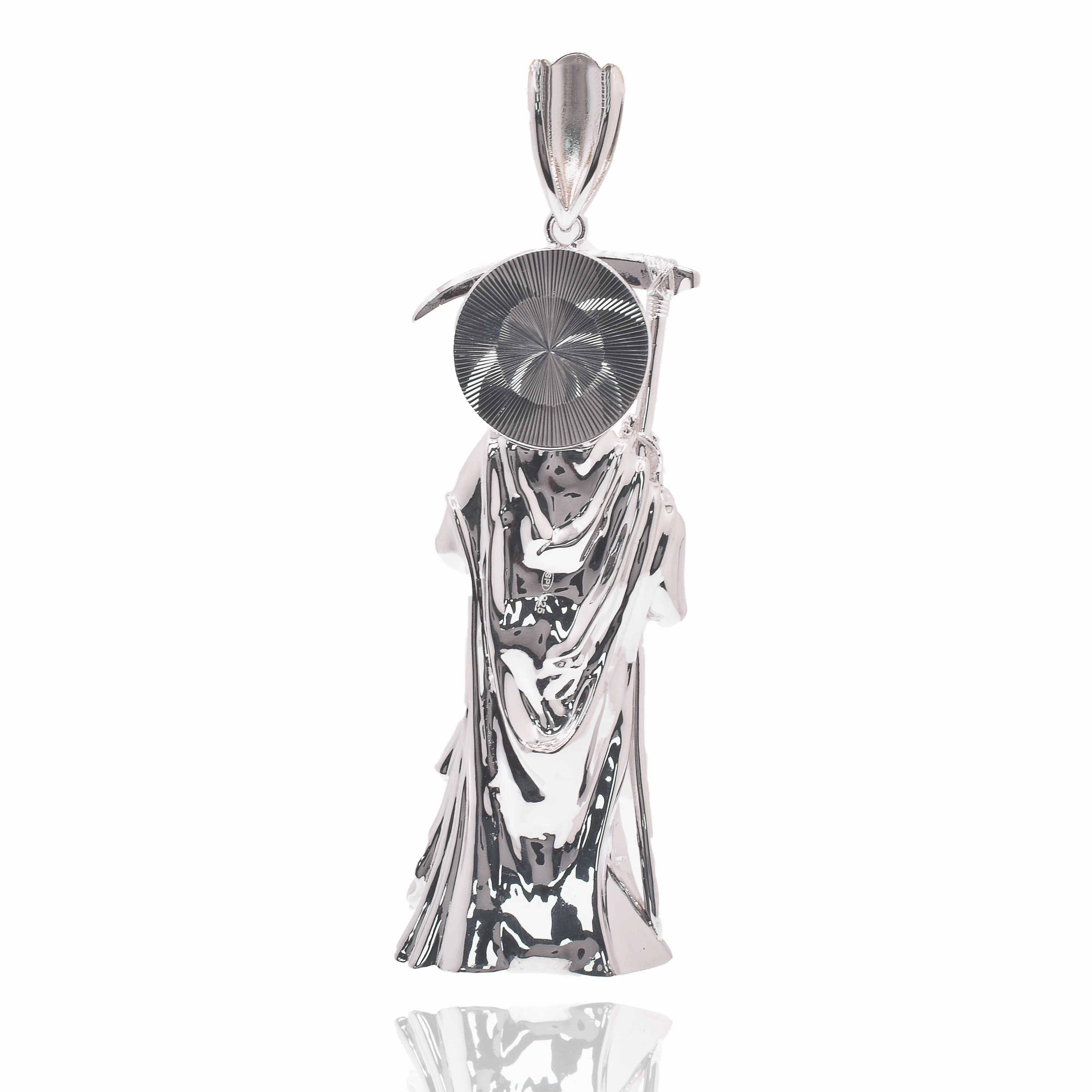 Rhodium Plated 925 Sterling Silver Santa Muerte Baguette Clear CZ 51mm x 140mm Pendant - PAP00195
