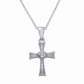 Rhodium Plated 925 Sterling Silver Small Cross Pendant with Heart Center and CZ - STP01617