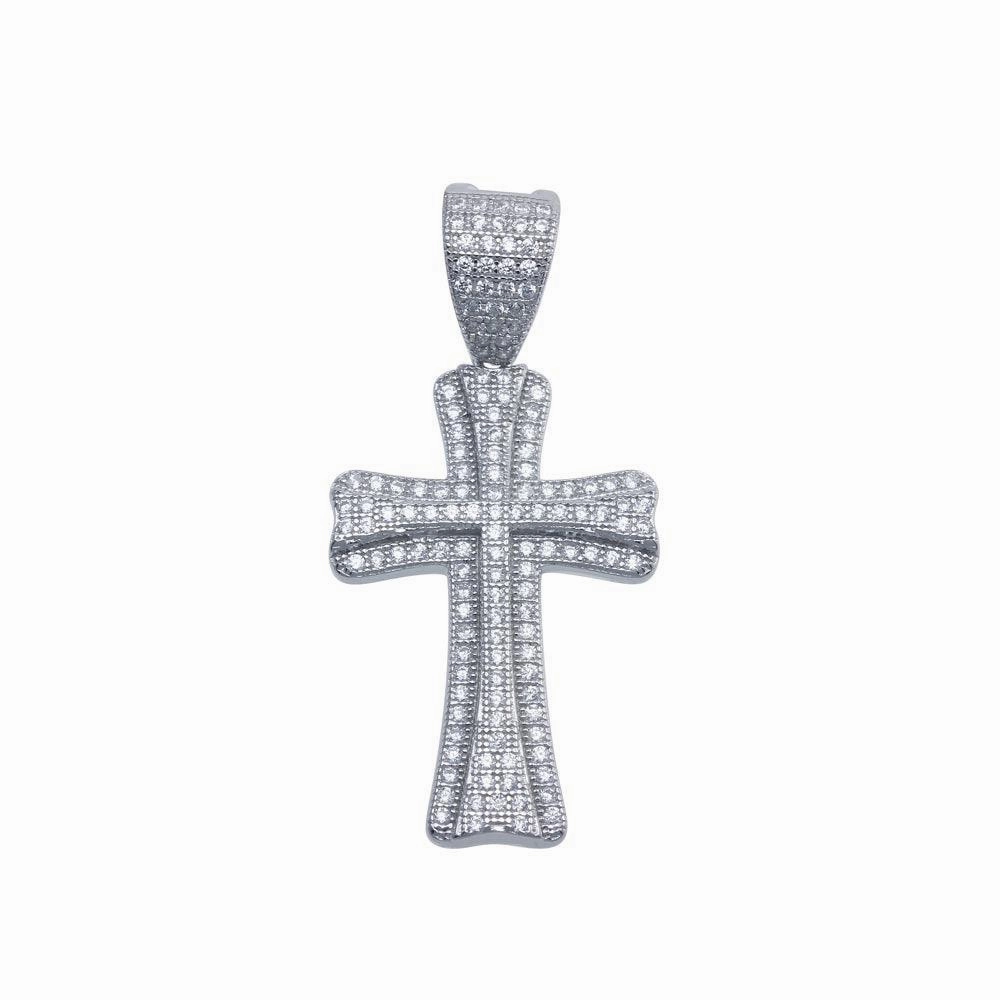Rhodium Plated 925 Sterling Silver Small Double Cross CZ Hip Hop Pendant - SLP00095