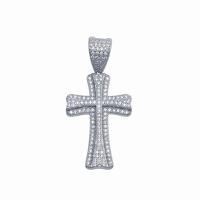 Rhodium Plated 925 Sterling Silver Small Double Cross CZ Hip Hop Pendant - SLP00095