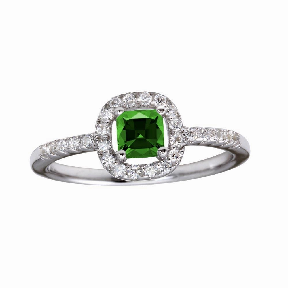 Rhodium Plated 925 Sterling Silver Square Clear and Green CZ Center Stone Ring - BGR01222GRN