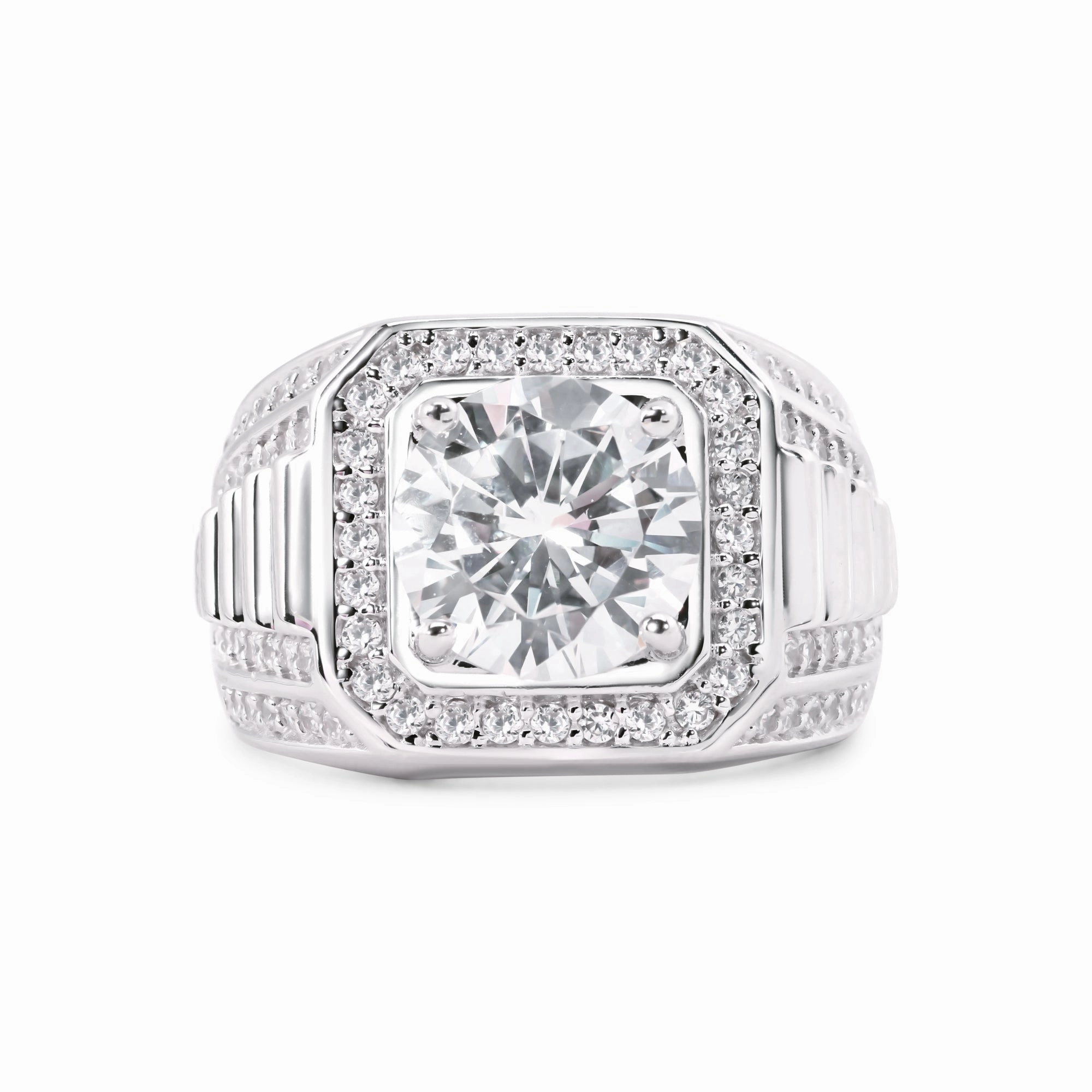 Rhodium Plated 925 Sterling Silver Statement Studded Small and Top 9mm Clear CZ Ring - GMR00375