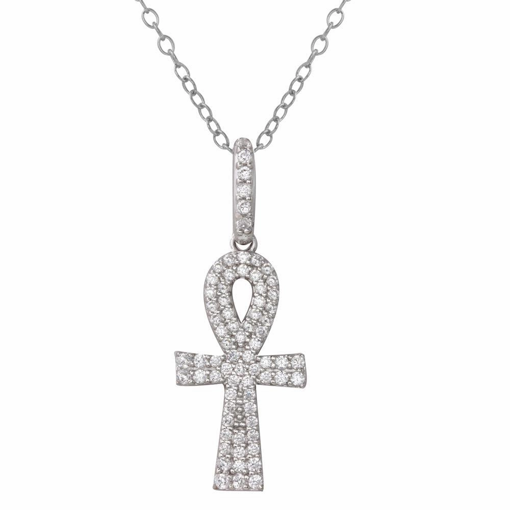 Rhodium Plated 925 Sterling Silver Thick Egyptian CZ Cross - BGP01217