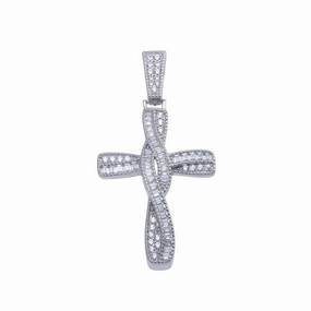 Rhodium Plated 925 Sterling Silver Twisted Cross Baguette CZ Hip Hop Pendant - SLP00108