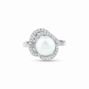 Rhodium Plated 925 Sterling Silver White Pearl and Clear CZ Ring - BGR01363