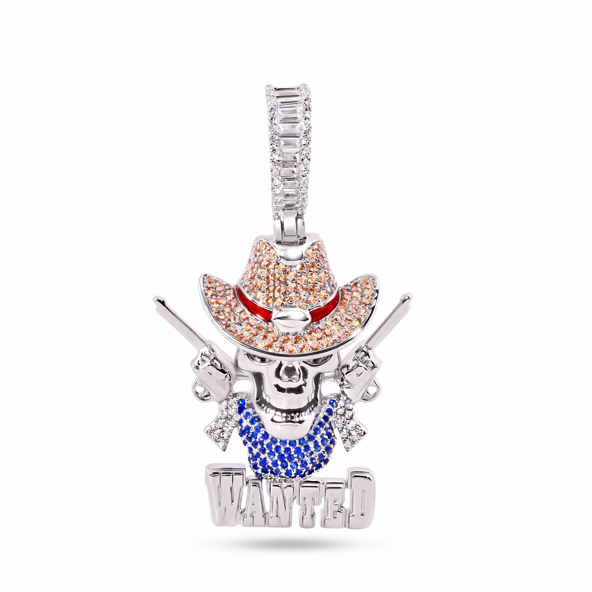 Rhodium Plated 925 Sterling Silver Wild West Skull Guns Wanted Brown Clear Blue CZ Pendant - SLP00386