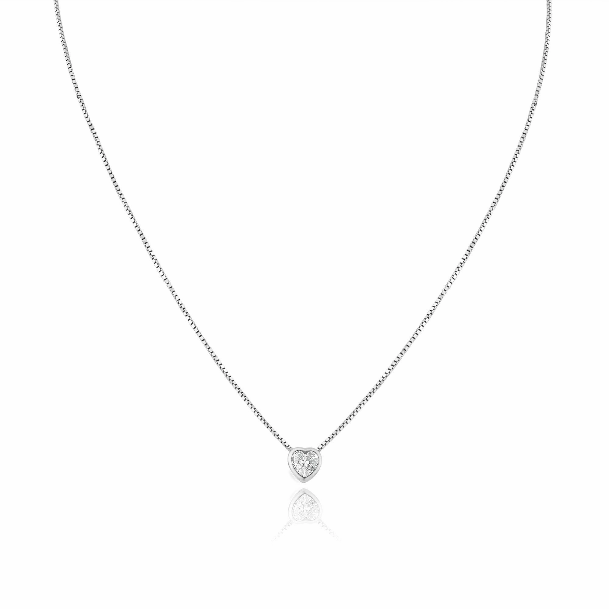 Rhodium Plated Heart Clear CZ Solitaire Necklace - GCP00003RH