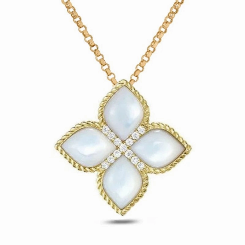 Roberto Coin 18ct Yellow Gold Diamond and Mother of Pearly Princess Flower Pendant 2cm D