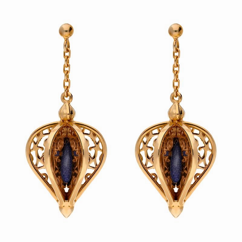 Rose Gold Plated Sterling Silver Blue Goldstone Flore Filigree Drop Earrings