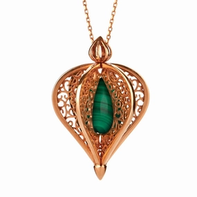 Rose Gold Plated Sterling Silver Malachite Flore Filigree Droplet Necklace