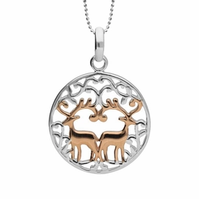 Rose Gold Plated Sterling Silver Round Pierced Reindeer Necklace