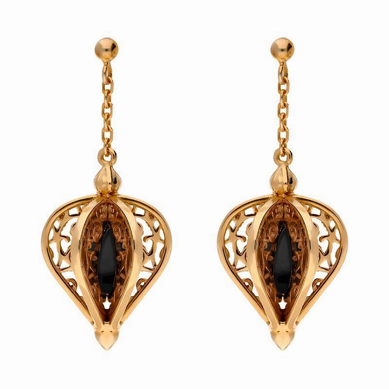 Rose Gold Plated Sterling Silver Whitby Jet Flore Filigree Drop Earrings