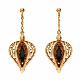 Rose Gold Plated Sterling Silver Whitby Jet Flore Filigree Drop Earrings