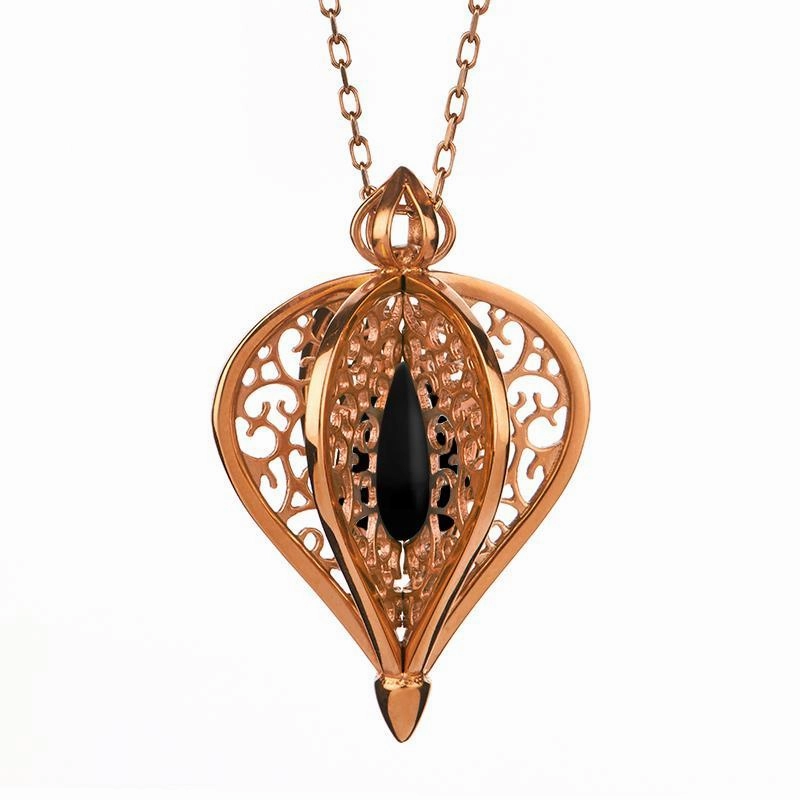 Rose Gold Plated Sterling Silver Whitby Jet Flore Filigree Small Necklace